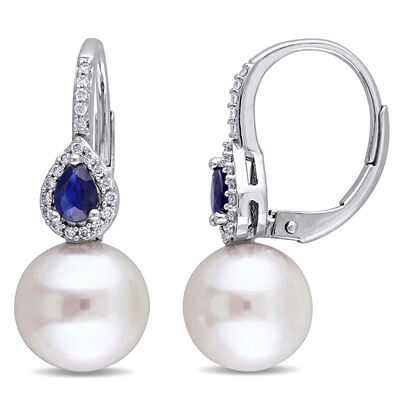 Freshwater Pearl Drop Earrings with Blue Sapphires & Diamonds in 14K White Gold (1/8 ct. tw.)