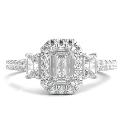 Three-Stone Emerald-Cut Diamond Halo Ring in 14K White Gold (1 3/8 ct. tw.)