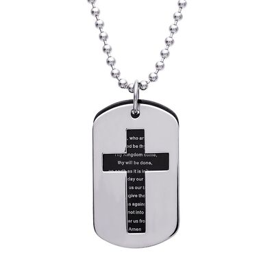 Men's Cross & Lord's Prayer Dog Tag Pendant in Sterling Silver & Stainless Steel