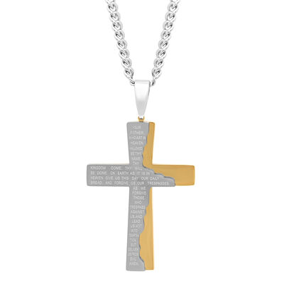 Lord's Prayer Cross Pendant in Two-Tone Stainless Steel, 24