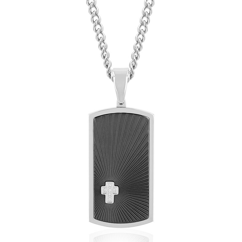 Men&rsquo;s Cross Dog Tag Pendant with Diamond Accents in Black Ion-Plated Stainless Steel