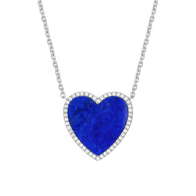 Lapis and Diamond Heart Necklace in Sterling Silver (1/4 ct. tw.)
