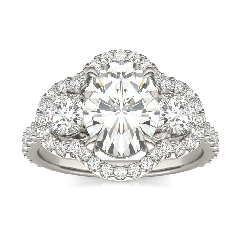 Oval Moissanite Three-Stone Ring with Halo in 14K White Gold