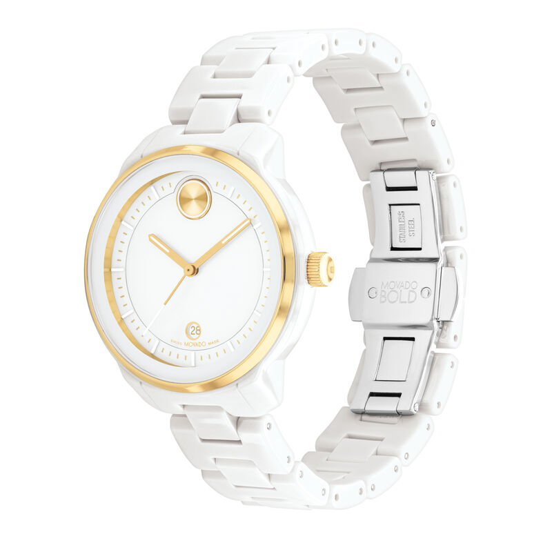 Ladies&rsquo; Bold Verso Ceramic Watch in Gold-Tone and White, 39MM