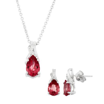 Lab Created Ruby & Diamond Pendant & Earrings Boxed Set in Sterling Silver