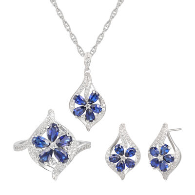 Lab Created Blue & White Sapphire Flower Earring, Pendant & Ring Set in Sterling Silver
