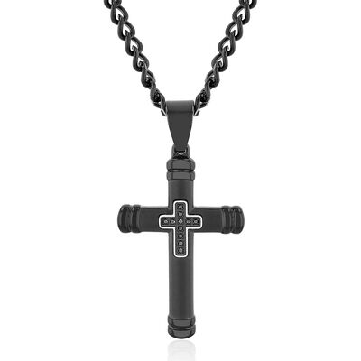 Men’s Black Cross Necklace with Black Diamond Accents in Black Ion-Plated Stainless Steel