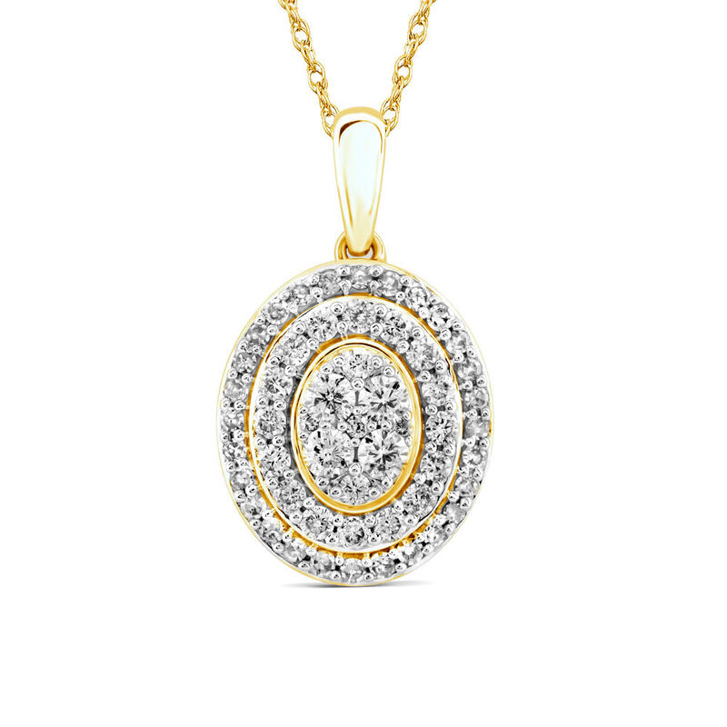 Oval-Shaped Diamond Cluster Pendant with Double Halo in 14K Yellow Gold &#40;1/2 ct. tw.&#41;