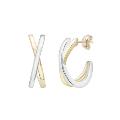 Two-Tone Open Huggie Hoop 'X' Earrings in Sterling Silver and Vermeil, 15MM