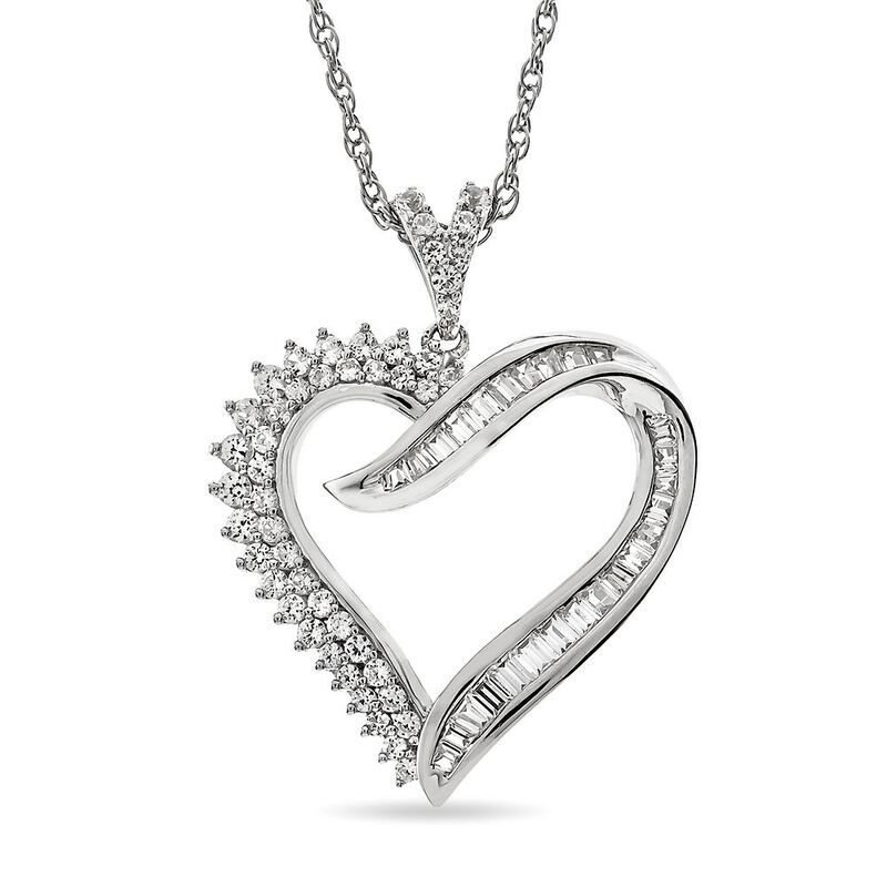 Diamond Heart Necklace 2 ct tw Round/Baguette 14K White Gold