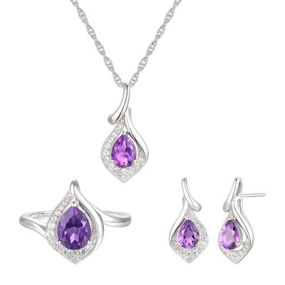 Pear-Shaped Amethyst & Lab Created White Sapphire Earring, Pendant & Ring Set in Sterling Silver