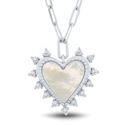 Mother of Pearl and Lab-Created White Sapphire Heart Burst Pendant in Sterling Silver