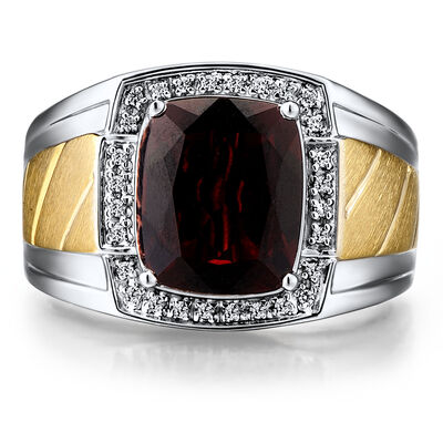 Men’s Garnet and Diamond Accent Ring in 10K Yellow and White Gold