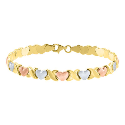 Hugs and Kisses Bracelet in 10K Yellow, White and Rose Gold, 7.25