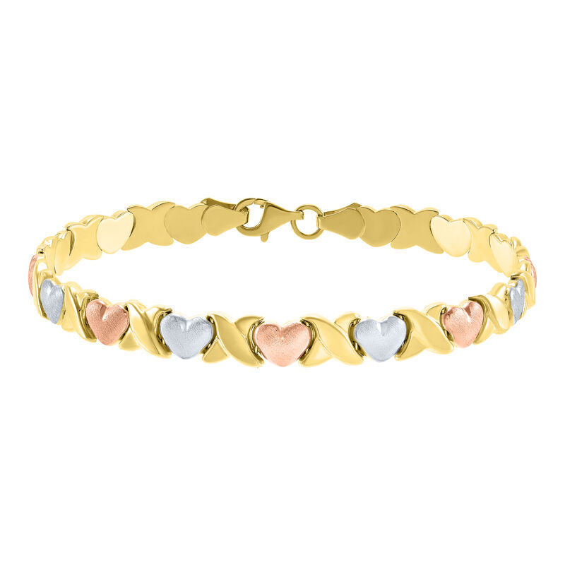Hugs and Kisses Bracelet in 10K Yellow, White and Rose Gold, 7.25&quot;