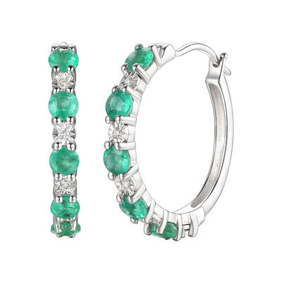 Emerald Hoop Earrings with Diamond Accents in 10K White Gold