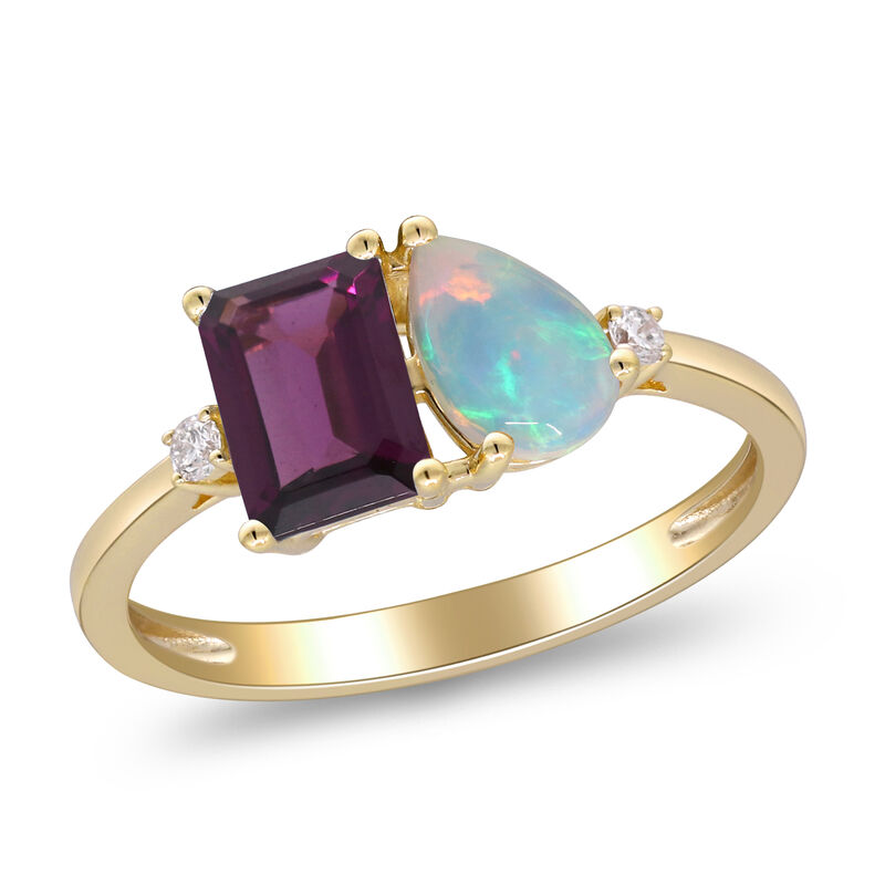 Opal, Rhodolite and Diamond Accent Toi et Moi Ring in 10K Yellow Gold