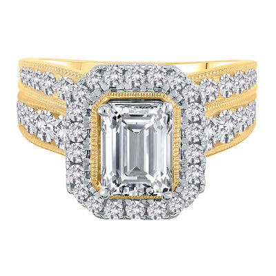 Lab Grown Diamond Emerald-Cut Halo Bridal Set in 14K Yellow and White Gold (3 ct. tw.)