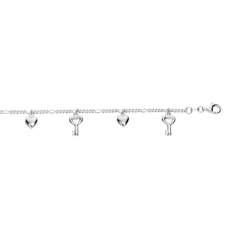 Charm Anklet with Keys &amp; Hearts in Sterling Silver