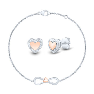 Diamond Accent Heart Infinity Earring & Bracelet Box Set in Sterling Silver and 14K Rose Gold