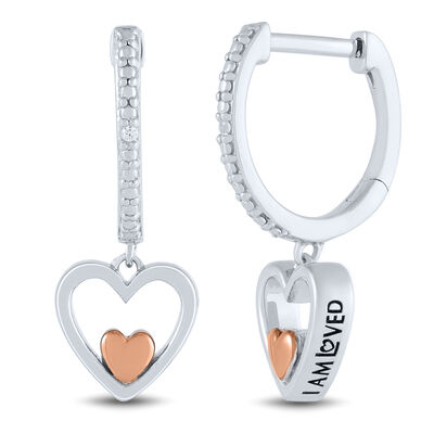 Diamond Accent Dangle Heart Huggie Earrings in Sterling Silver and 14K Rose Gold
