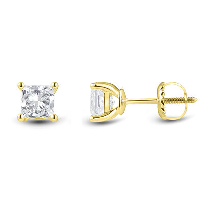Lab Grown Diamond Stud Earrings with Princess-Cut Solitaires in 14K Yellow Gold (1 ct. tw.)
