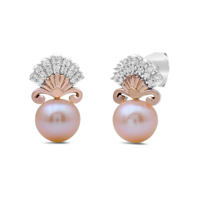 Ariel Pink Pearl and Diamond Shell Earrings in Sterling Silver and 10K Rose Gold (1/7 ct. tw.)