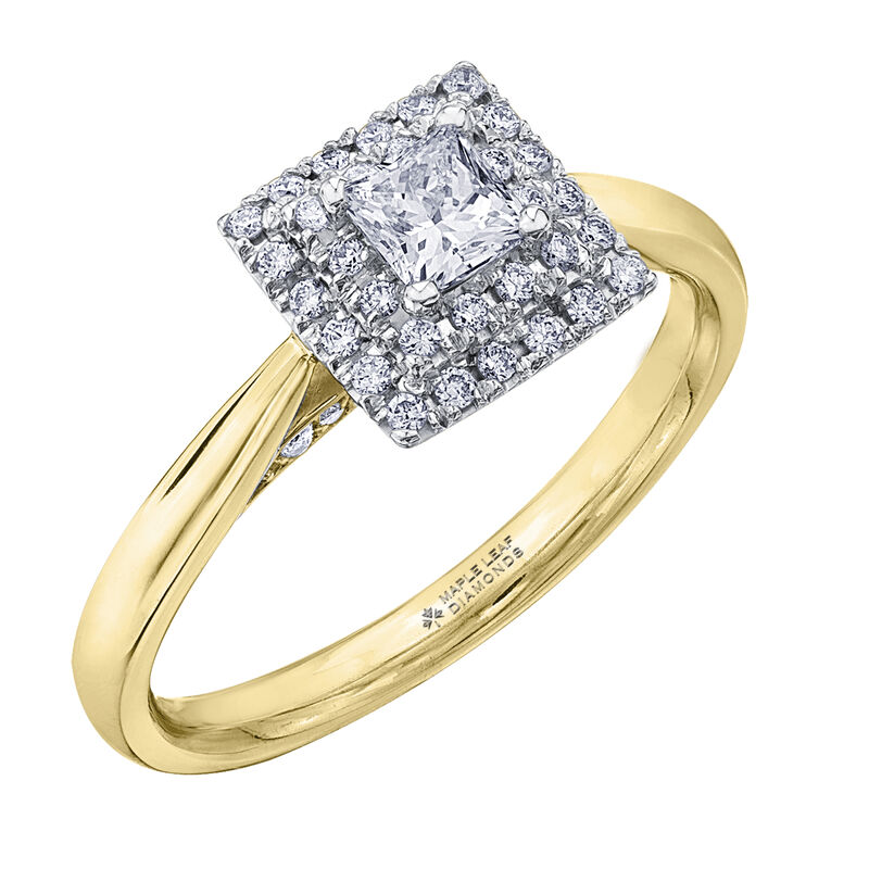 Princess-Cut Double Halo Diamond Engagement Ring in 14K Yellow Gold &amp; 14K White Gold &#40;1/2 ct. tw.&#41;