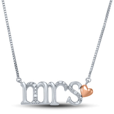 “Mrs.” Necklace with Diamond Accents in Sterling Silver & 14K Rose Gold
