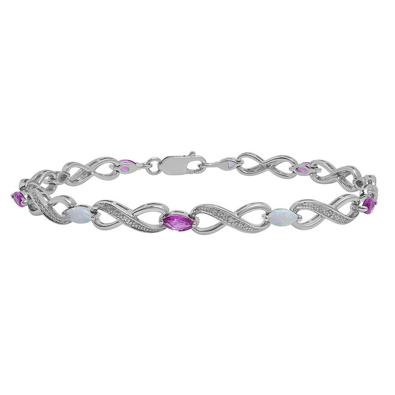 Infinity Bracelet with Lab Created Opal &amp; Pink Sapphire in Sterling Silver