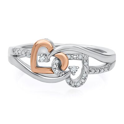 Diamond Double Heart Promise Ring in Sterling Silver & 10K Rose Gold