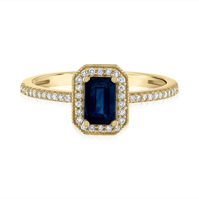 Emerald-Cut Blue Sapphire and Diamond Ring in 14K Yellow Gold (1/7 ct. tw.)