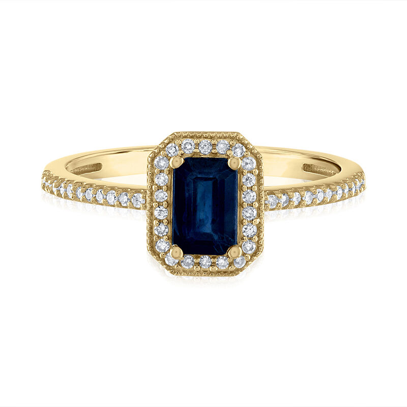 Emerald-Cut Blue Sapphire and Diamond Ring in 14K Yellow Gold &#40;1/7 ct. tw.&#41;