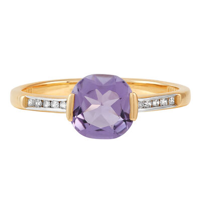 Cushion-Cut Amethyst and Diamond Ring in 10K Yellow Gold (1/10 ct. tw.)