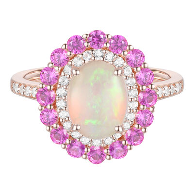 Opal and Pink Sapphire Ring with Diamonds in 10K Rose Gold (1/4 ct. tw.)