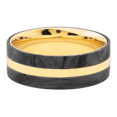 Men’s Forged Carbon Inlay Wedding Band in 14K Yellow Gold, 8MM