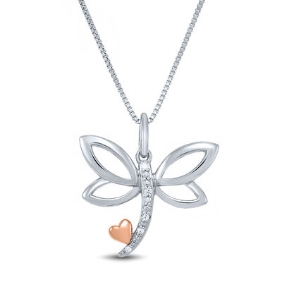 Dragonfly Pendant with Diamond Accents in Sterling Silver & 14K Rose Gold