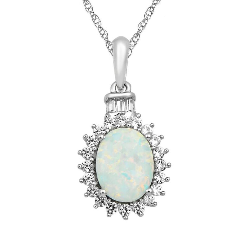 Lab Created Opal &amp; White Sapphire Halo Pendant in Sterling Silver
