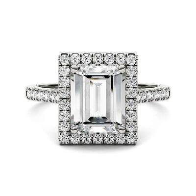 Emerald-Cut Moissanite Halo Ring with Pavé Band in 14K White Gold (3 ct. tw.)