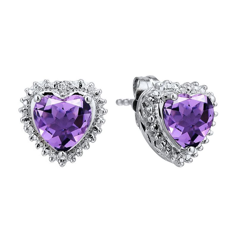 Amethyst &amp; Diamond Heart Earrings in Sterling Silver