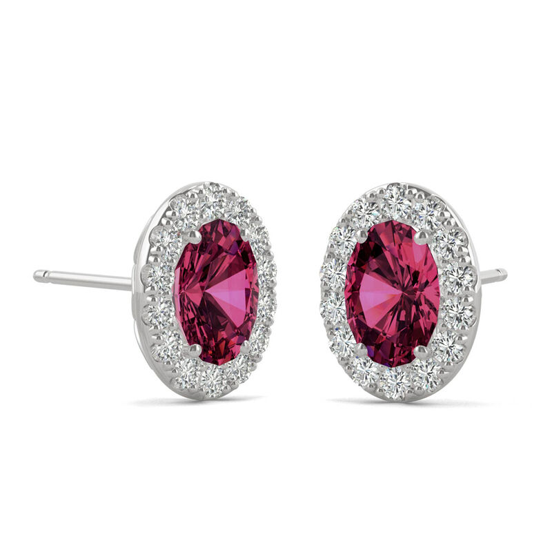 Lab Created Ruby &amp; Moissanite Halo Earrings in 14K White Gold