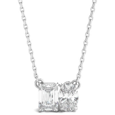Lab Grown Diamond Emerald and Oval Toi et Moi Necklace in 14K White Gold (1 ct. tw.)