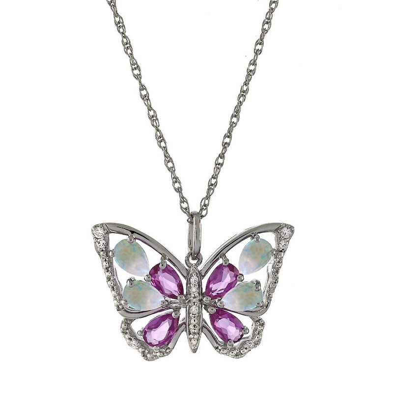 Lab Created Opal &amp; Sapphire Butterfly Pendant in Sterling Silver