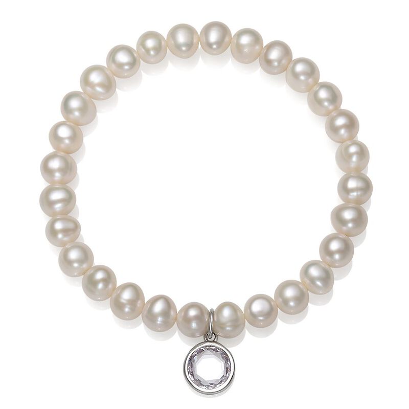 Freshwater Cultured Pearl &amp; April Birthstone Charm Bracelet in Sterling Silver