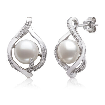 Button Cultured Pearl and Diamond Accent Earrings in Sterling Silver