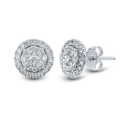 Lab Grown Diamond Round Cluster Stud Earrings in 14K White Gold (1 ct. tw.)