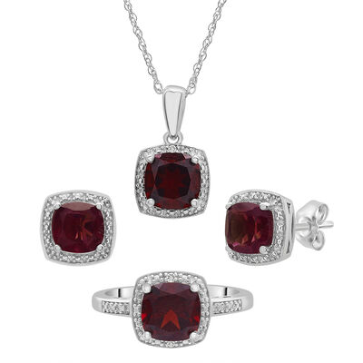 Garnet & Diamond Accent Cushion-Cut Halo Boxed Set in Sterling Silver