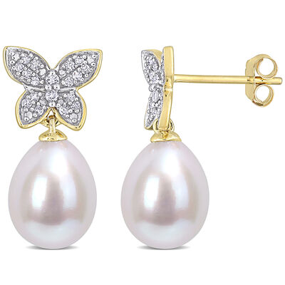 Cultured Freshwater Pearl Earrings with Diamond Butterflies in 10K Yellow Gold (1/8 ct. tw.)