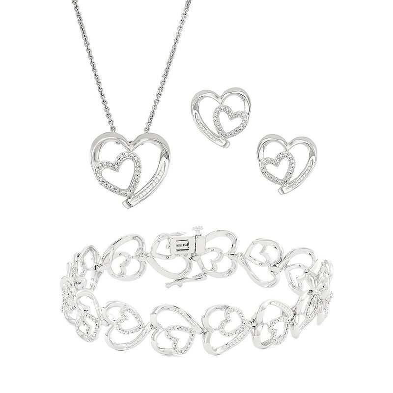 Diamond Double Heart Bracelet, Pendant &amp; Earrings Box Set in Sterling Silver