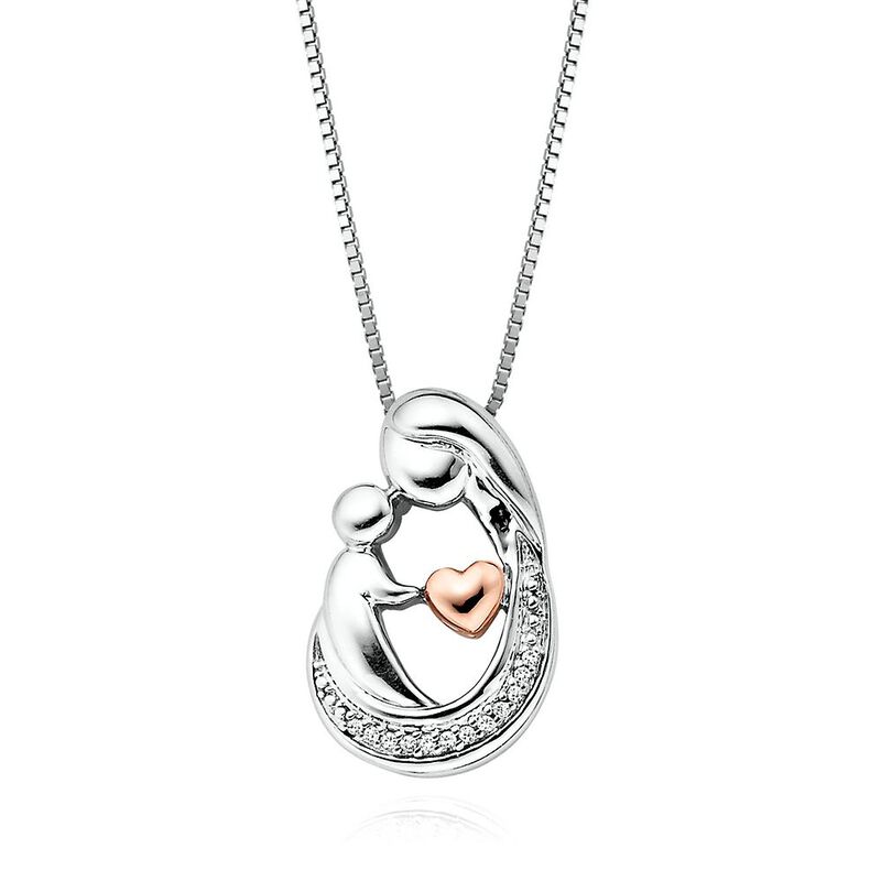 Diamond Mother &amp; Baby Necklace Pendant in Sterling Silver &amp; 14K Rose Gold